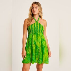 Green Sequin Tube Top Halter Dress Flowy Elastic Top Summer L Made In India Fest